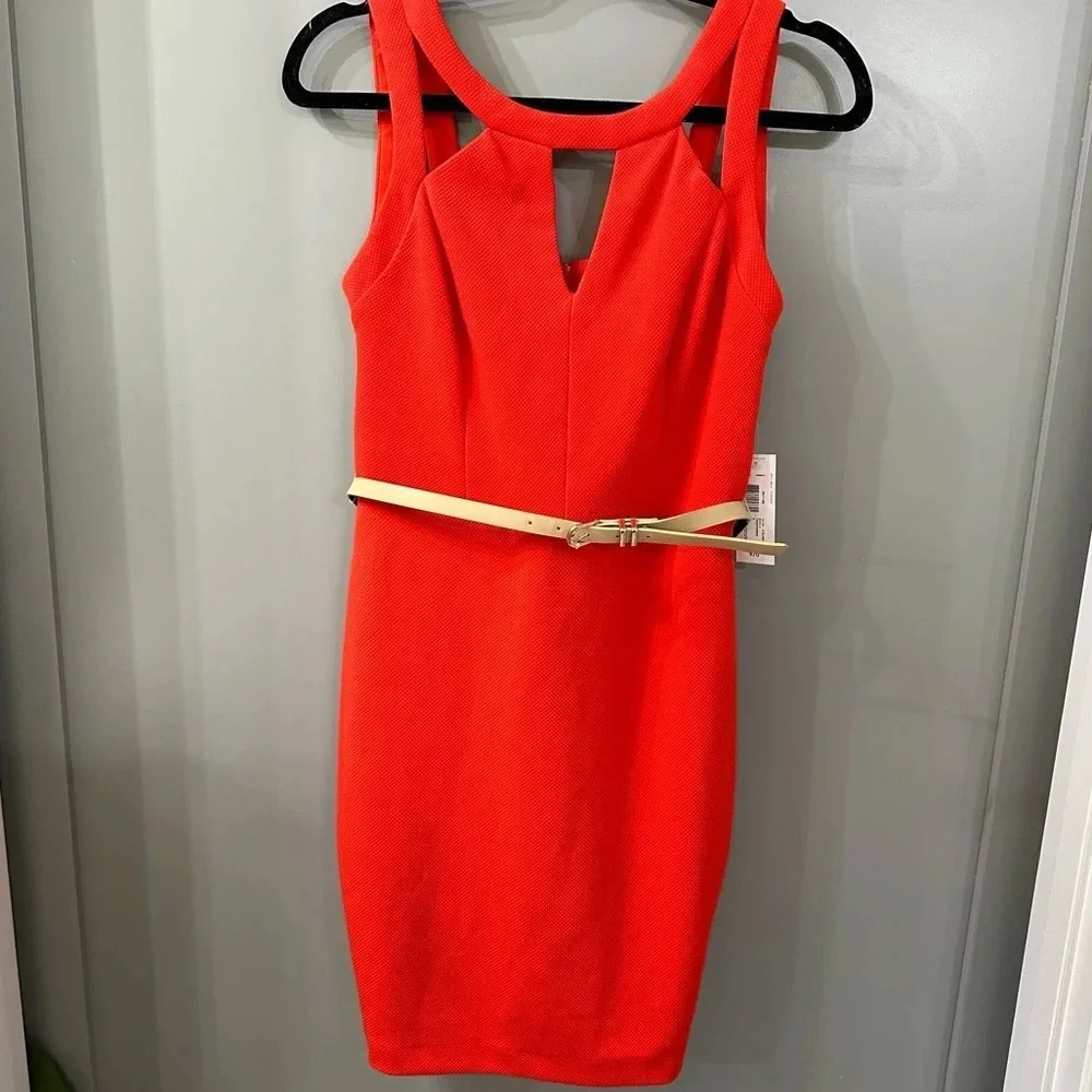 NWT Bisou Bisou Orange Red Cage Belted Mini Dress Size 8